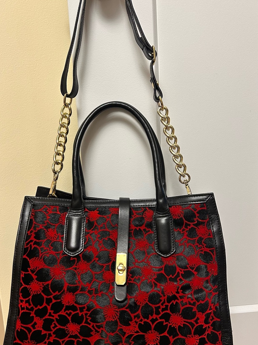 Black and Red Floral Tote with Gold Chain Strap